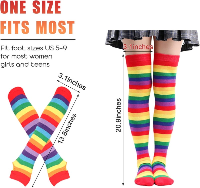 Barrlves Store 2/4 Sets Womens Striped Knee High Socks Long Knitted Arm Warmers Fingerless Gloves for Halloween Costume - Image 2